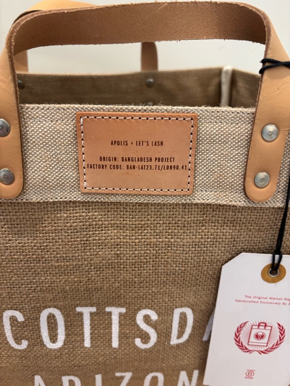 Apolis market bag Scottsdale Arizona USA Jute Tote Bag with Tan Leather Handles - Picture 2 of 8